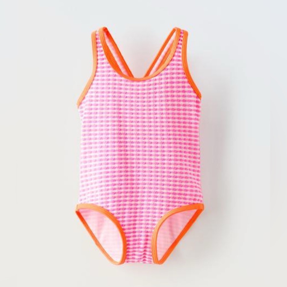 Zara Kids Striped Pink and Orange Textured One Piece Swimsuit